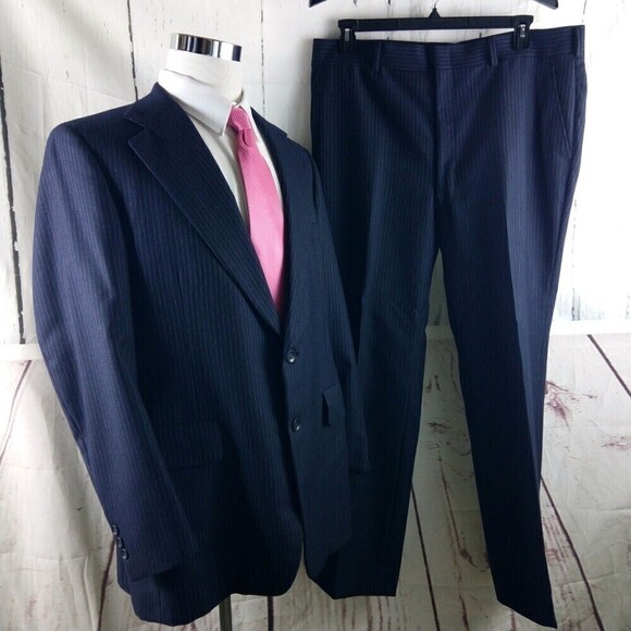 The Avenue Omaha 44L Wool 2 Button Deep Blue Striped 2pc Suit 38x31 Flat Front - Picture 1 of 16